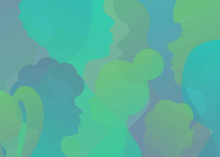 Silhouettes of women in green and blue tones.