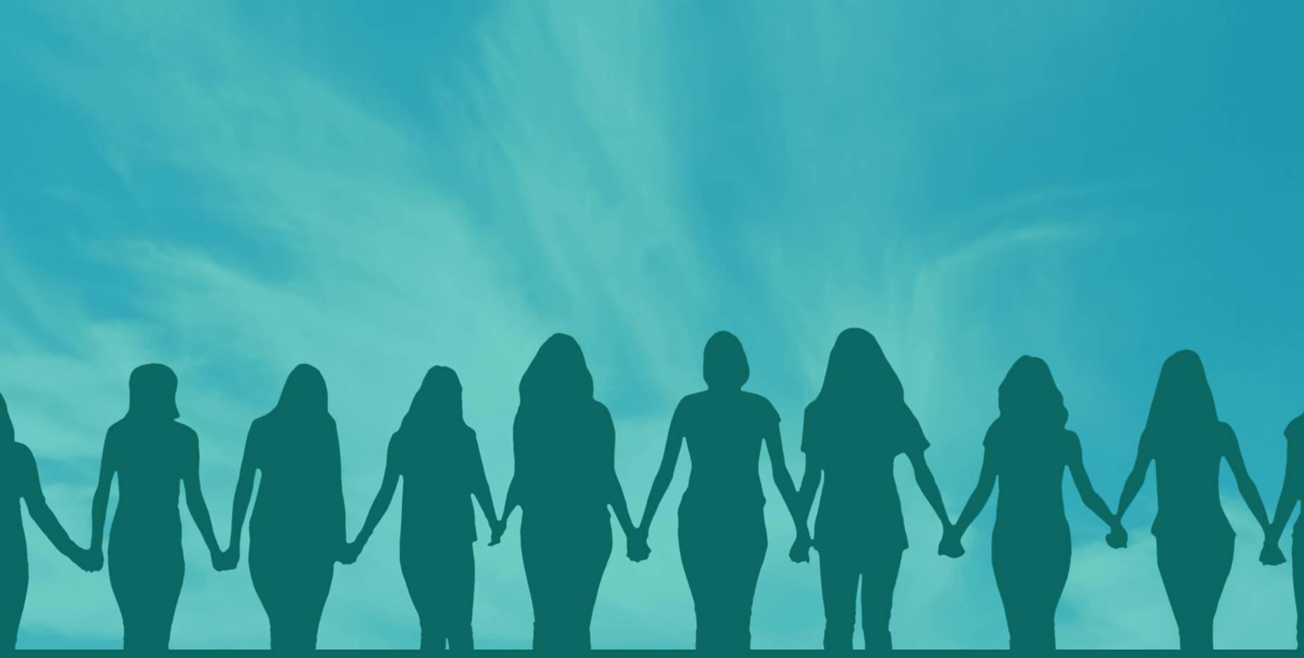 Silhouettes of women holding hands against a blue sky.