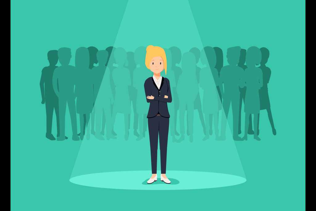 Woman standing out from the crowd.