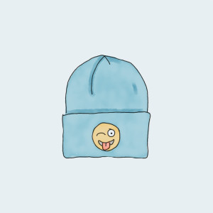 Blue beanie with a winking smiley face.