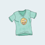 Green t-shirt with winking smiley face.