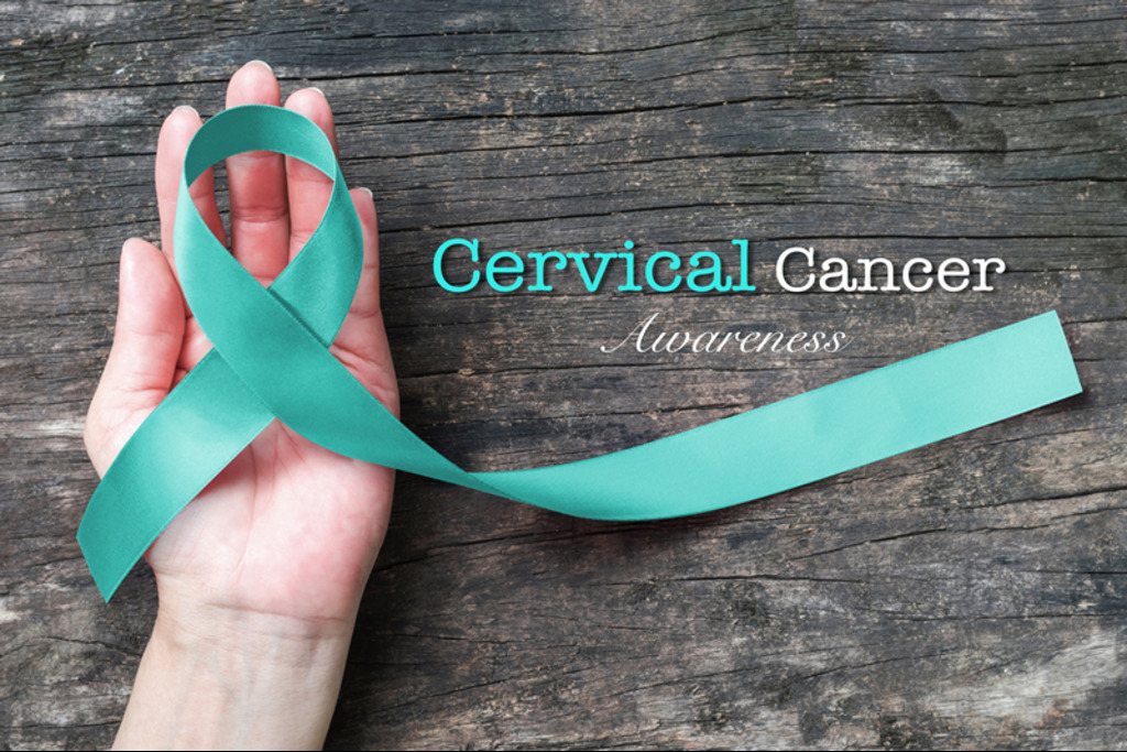 Teal ribbon for cervical cancer awareness.